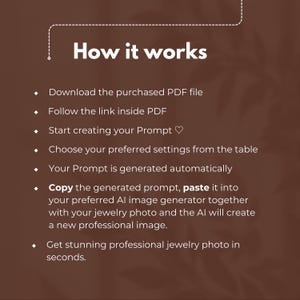 AI image generator prompt builder for jewelry photography and AI Jewelry product images. This jewelry AI tool creates optimized jewelry prompt text for ai image generation, helping transform simple jewelry photos into professional Jewelry Stock Photos. Ideal for Etsy sellers, handmade jewelry brands, and small businesses looking to upgrade their product photography with an ai prompt builder.