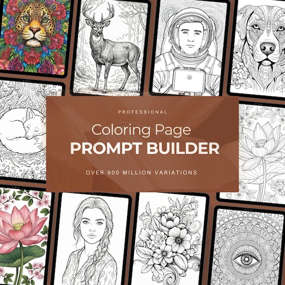 Coloring Page Prompt Builder, Midjourney Prompts, Kids coloring prompt, Ai prompts, Ai generated art, Ai prompt pack, KDP template