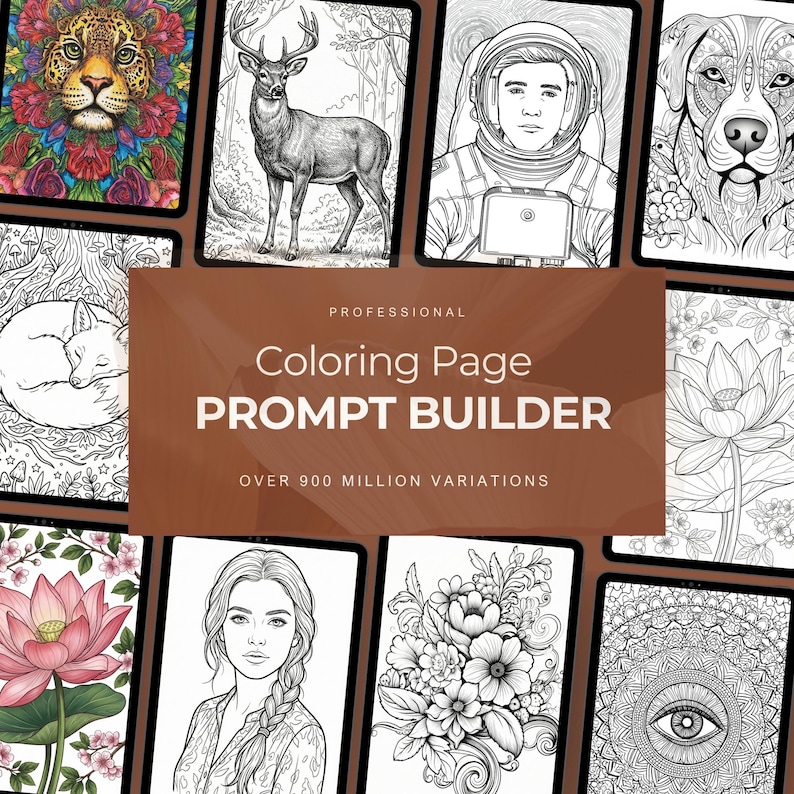 Midjourney prompt builder for coloring pages displayed as a digital tool, allowing users to create AI prompts for adult coloring book, coloring book for adults, animal coloring book and custom coloring book designs. Professional prompt generator used for creating unique adult coloring books for women, KDP coloring book interiors and digital coloring pages, compatible with Midjourney prompts, Stable Diffusion, Canva AI and Adobe Firefly.