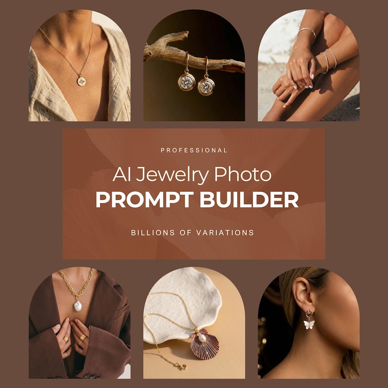 AI Jewelry Photo Prompt Builder for jewelry photography, designed for jewelry makers and small businesses to create professional product images using an AI image generator. This ai prompt builder helps generate a complete jewelry prompt for ai image generation, allowing users to upload their jewelry photo and transform it into high-quality Jewelry Stock Photos with AI Jewelry and jewelry AI tools.