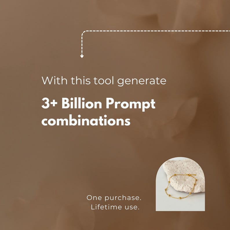 Digital AI Jewelry prompt builder tool for jewelry photography and product photos. Create custom jewelry prompt text for ai image generator platforms and ai image generation tools. Perfect for small business owners who want professional Jewelry Stock Photos without a photoshoot, using AI Jewelry and jewelry AI technology to produce high-end product visuals.