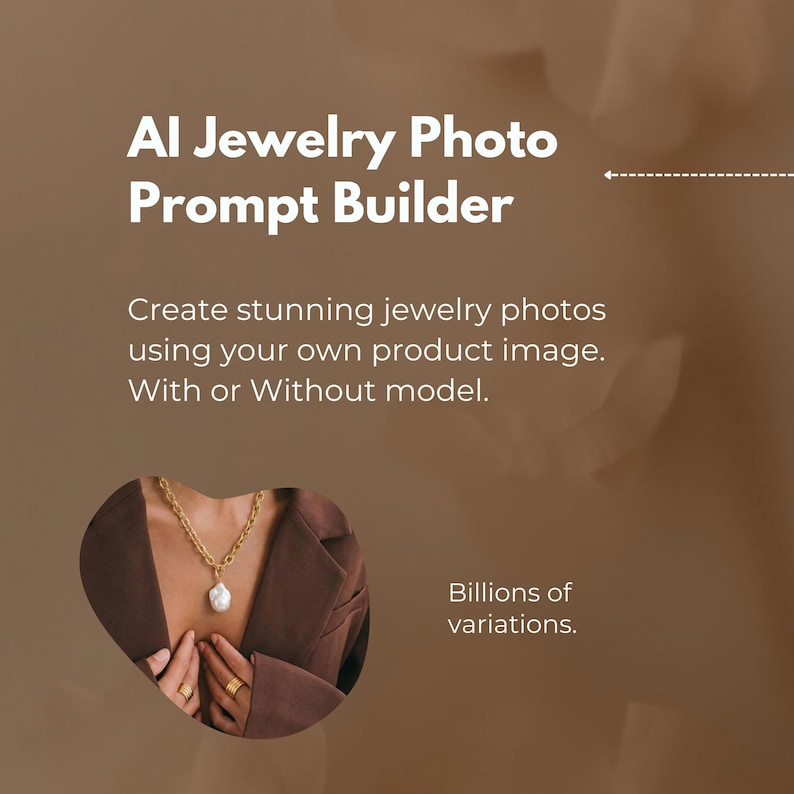 AI Jewelry Photo Prompt Builder for jewelry photography, designed for jewelry makers and small businesses to create professional product images using an AI image generator. This ai prompt builder helps generate a complete jewelry prompt for ai image generation, allowing users to upload their jewelry photo and transform it into high-quality Jewelry Stock Photos with AI Jewelry and jewelry AI tools.