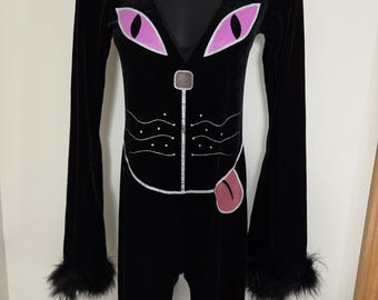 Vtg 90s Hollywood Style Velvet Cat Jumpsuit Costume Women's S / M stretch