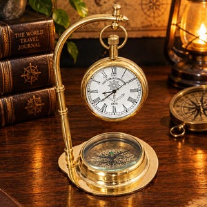 May include: A polished brass desk clock and compass set featuring a circular clock face with Roman numerals and the text Victoria London 1876 suspended from a curved brass stand above a flat, circular magnetic compass with a glass cover.
