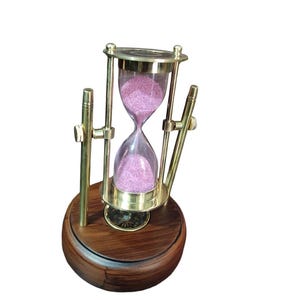 Vintage Brass Hourglass with Compass Base.Sand Timer Decor.Nautical Desk Clock.Wooden Base Timer. Gift for Office And Home Decor,