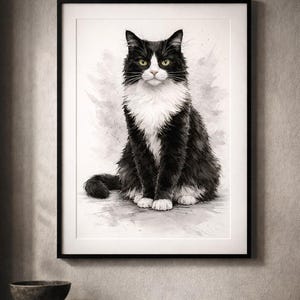 Puede incluir: Una impresión en acuarela enmarcada de un gato blanco y negro con ojos amarillos. El gato está sentado erguido, con las patas delanteras bien colocadas. La obra de arte tiene un estilo suave y pictórico, con sutiles aguadas grises en el fondo.