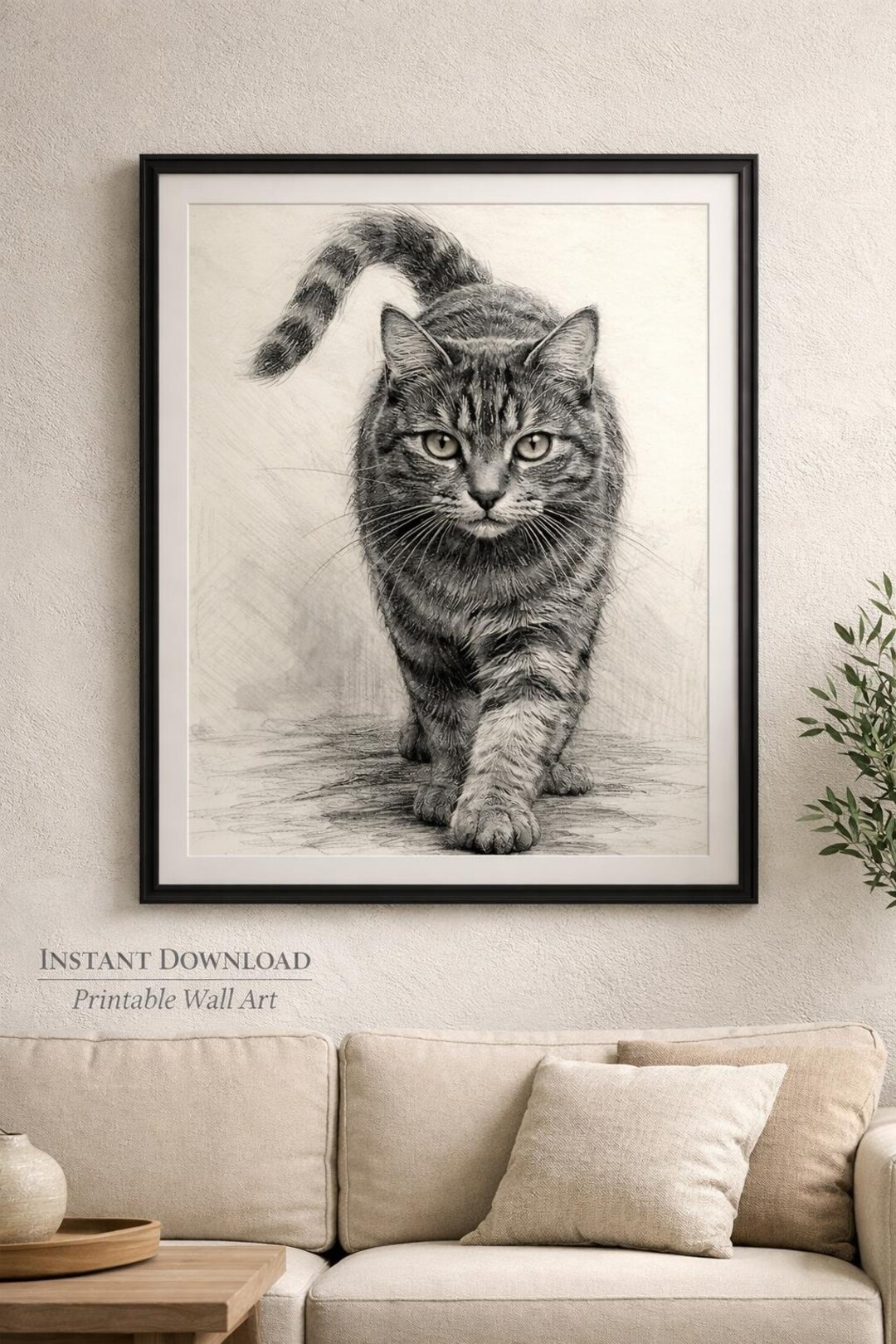 Walking Cat Wall Art Print | Pencil Cat Drawing Printable | Black and ...