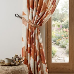 Terracotta Leaf Curtains, Mid Century Modern Window Panels, Warm Neutral Botanical Curtains
