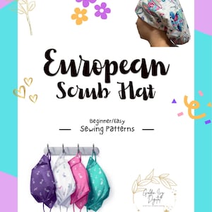Può includere: Immagine con il testo "European Scrub Hat" e "Beginner/easy Sewing Patterns". L'immagine mostra un cappello chirurgico e quattro cappelli chirurgici appesi a un supporto. I cappelli sono viola, bianchi, rosa e turchese, con diversi motivi.