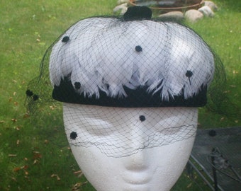 Vintage Hat Fascinator White Feathers Black Velvet 1950s