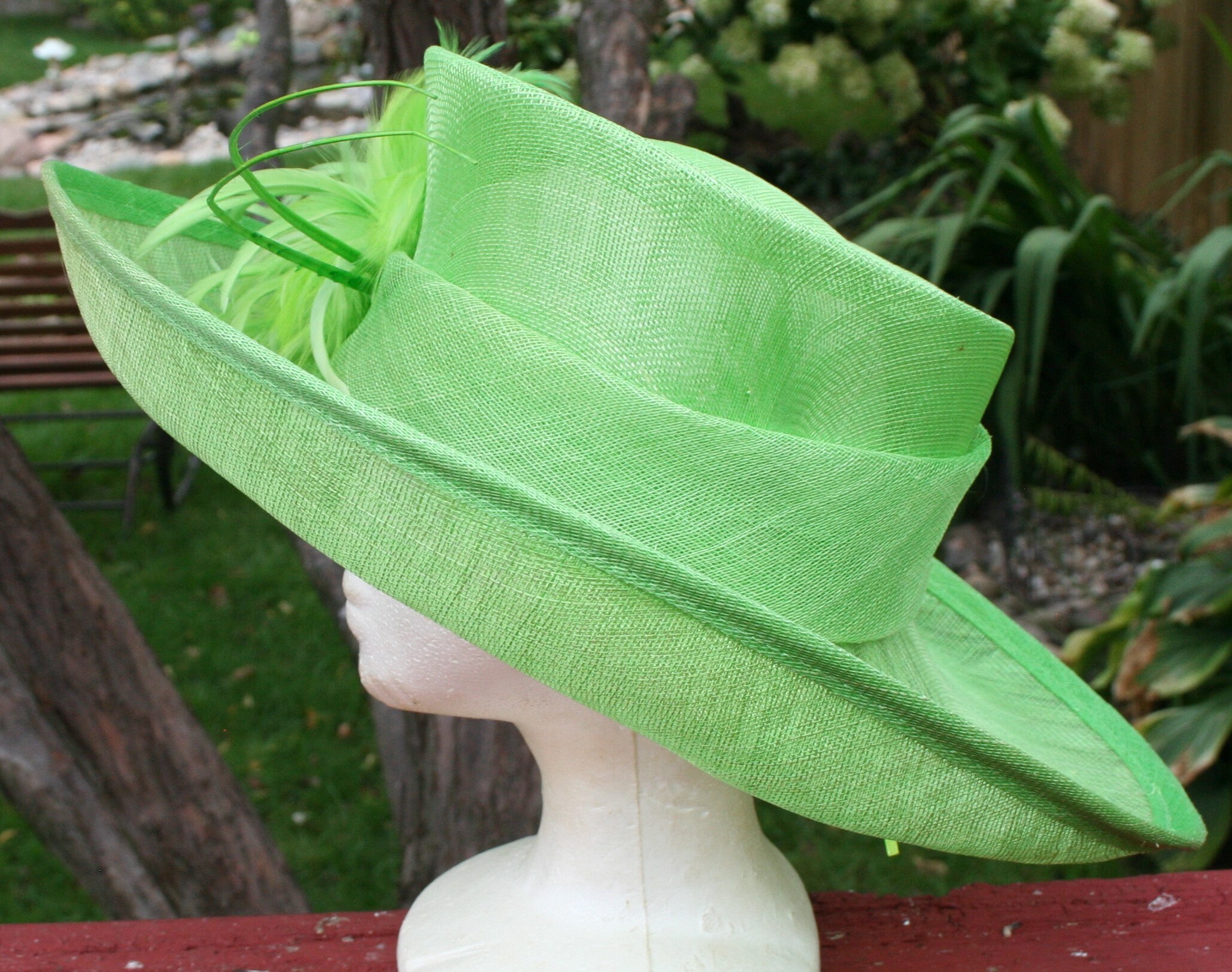 MR. SONG MILLINERY lime green stunning hat. Adjustable inside Vintage Navy Blue Brim Hat, Rhinestone Trim, Mr. Song  main image 4