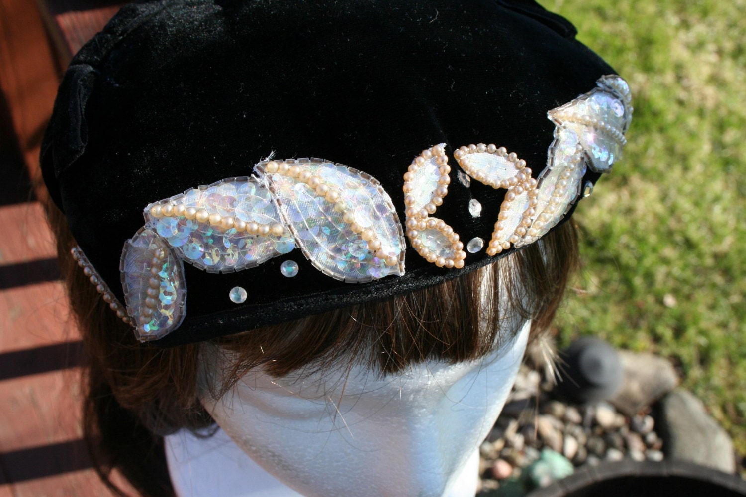 1950s black velvet cap embellished with sequins faux jewels faux pearls Vintage Hat Black Velvet Sequins and Pearls - Etsy main image 4