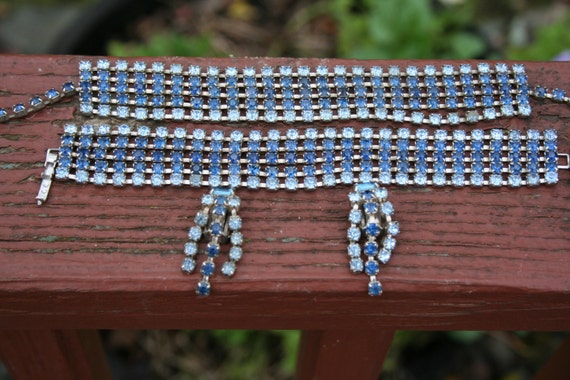 Necklace Bracelet Earrings Set Blue Rhinestones - image 2