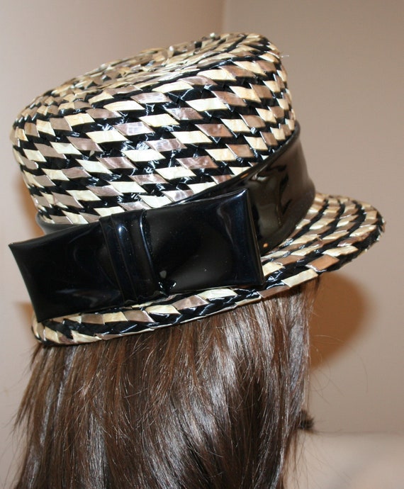 Vintage Hat Black Tan Woven Straw - image 3