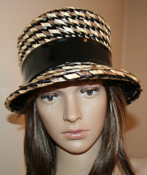 Vintage Hat Black Tan Woven Straw - image 2