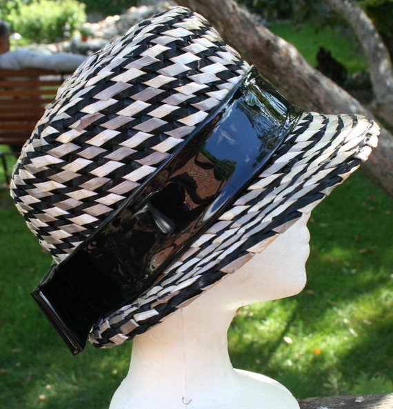 Vintage Hat Black Tan Woven Straw - image 6