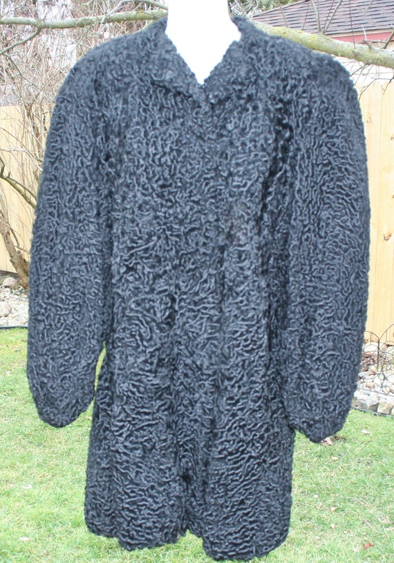 Black Curly Lamb Wool Fur Coat - image 4