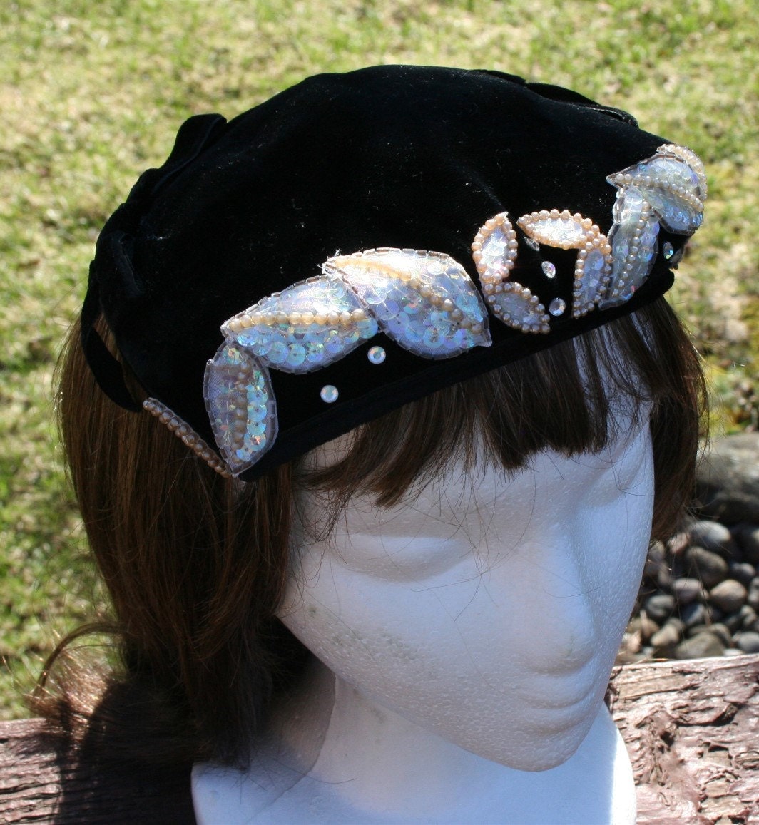 Vintage Hat Black Velvet Sequins and Pearls - Etsy