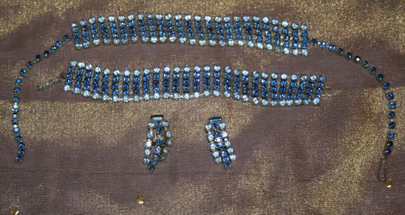 Necklace Bracelet Earrings Set Blue Rhinestones - image 1