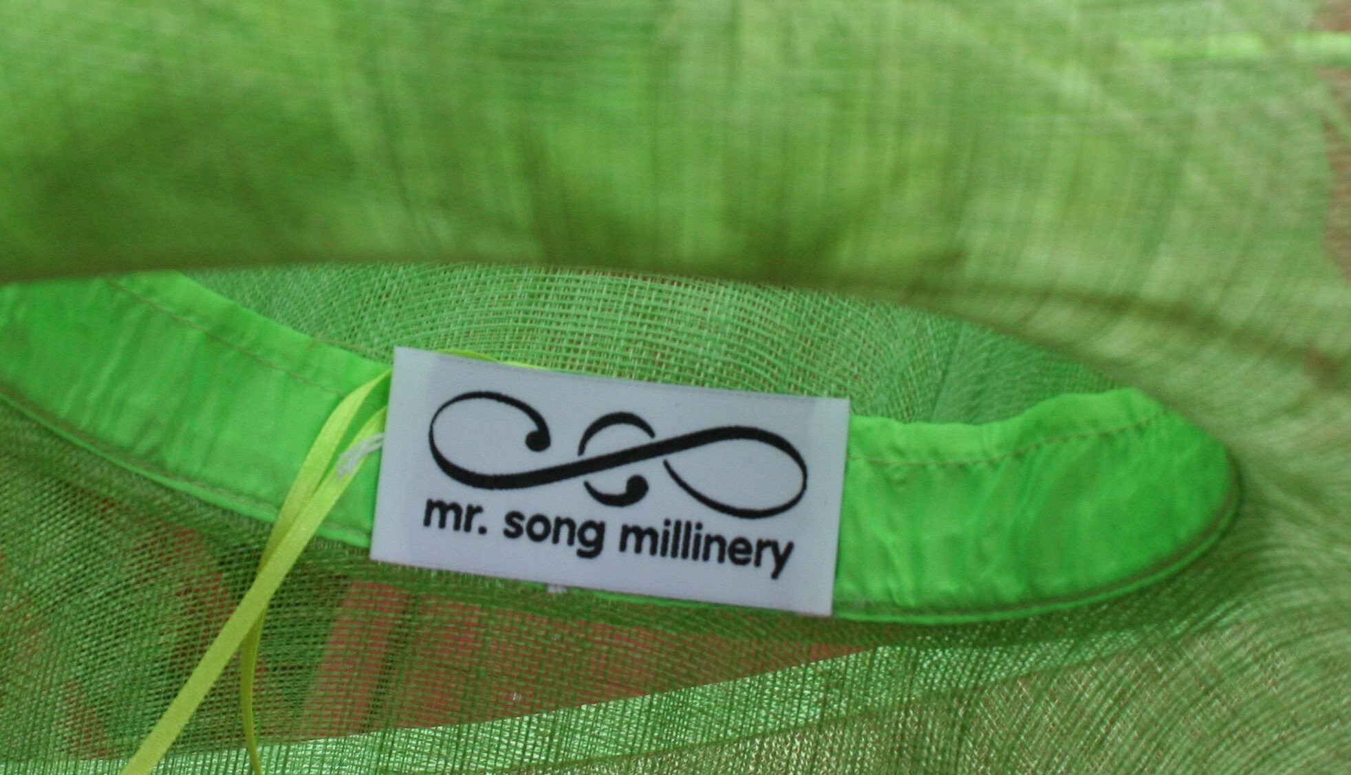 MR. SONG MILLINERY lime green stunning hat. Adjustable inside Vintage Navy Blue Brim Hat, Rhinestone Trim, Mr. Song  main image 3