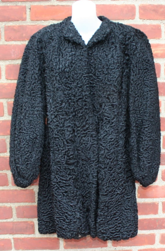 Black Curly Lamb Wool Fur Coat - image 2