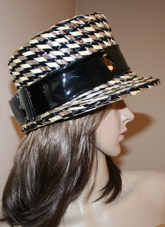 Vintage Hat Black Tan Woven Straw