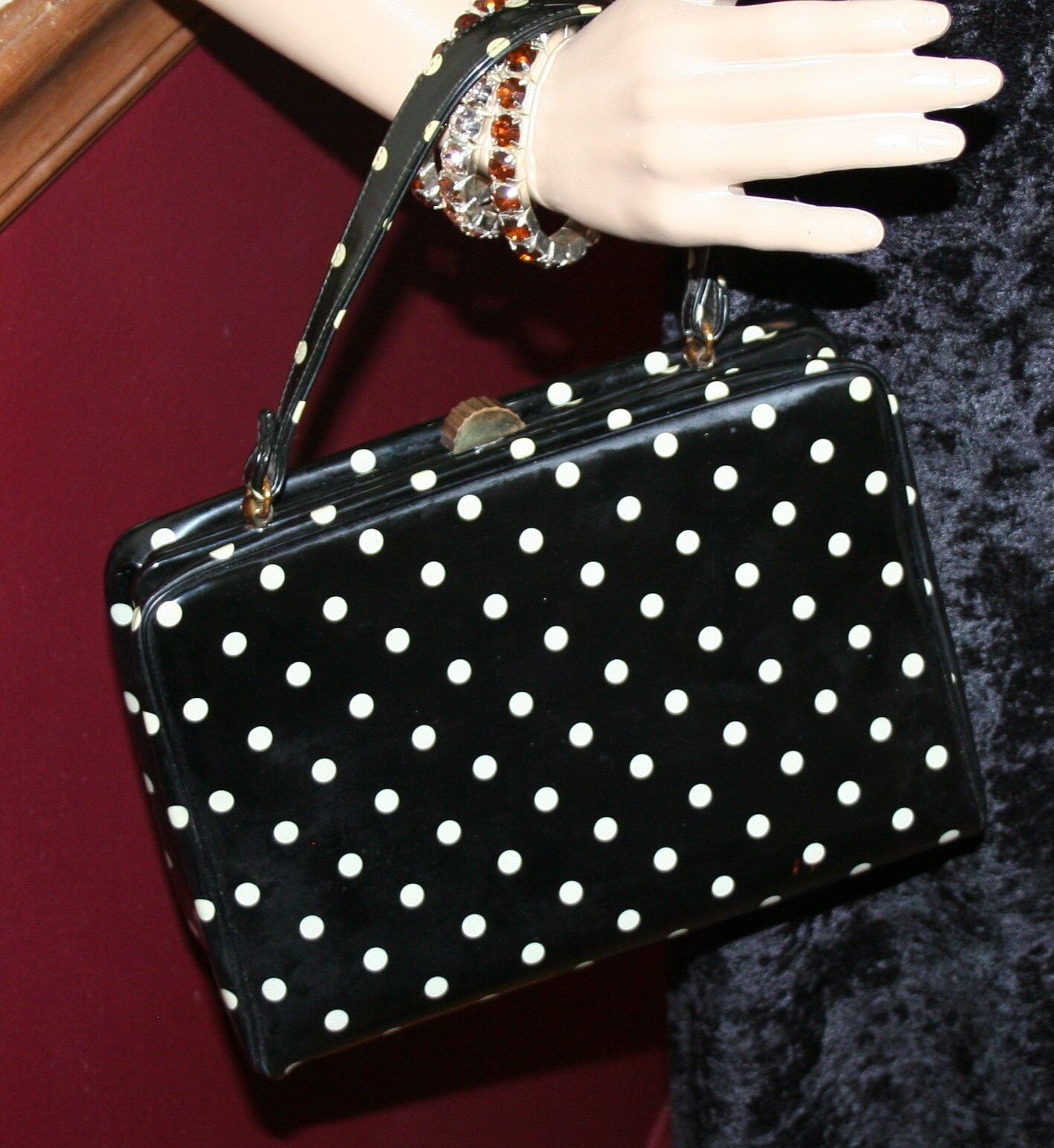 white polka dot purse