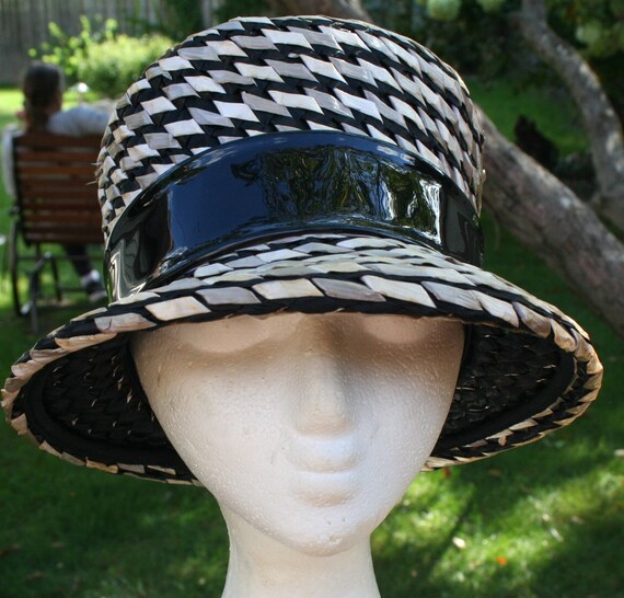 Vintage Hat Black Tan Woven Straw - image 7