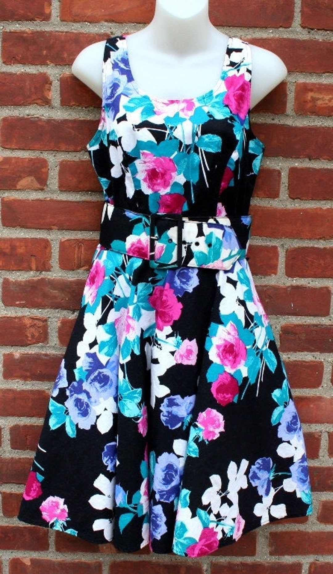 Vintage Dress Black Pink and Blue Roses Retro Style Fashion