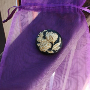 Western Germany Black & Silver Floral Brooch, Black Glass