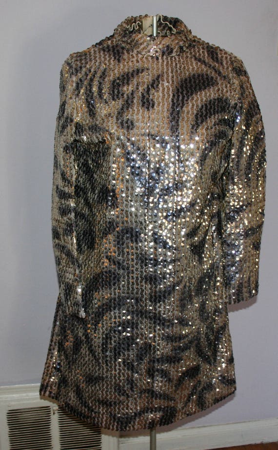 Sequin Dress 1960s Black and Gold Metalic Dress