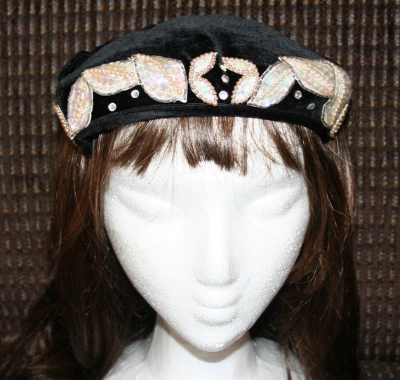 1950s black velvet cap embellished with sequins faux jewels faux pearls Vintage Hat Black Velvet Sequins and Pearls - Etsy main image 4
