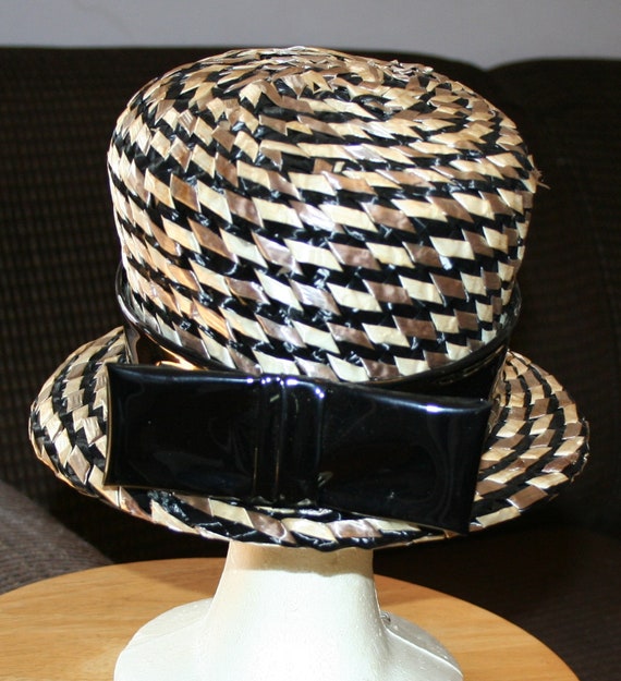 Vintage Hat Black Tan Woven Straw - image 5