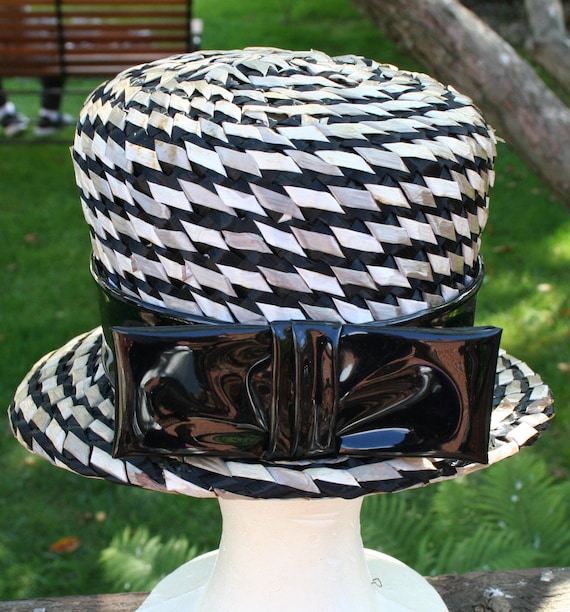 Vintage Hat Black Tan Woven Straw - image 8