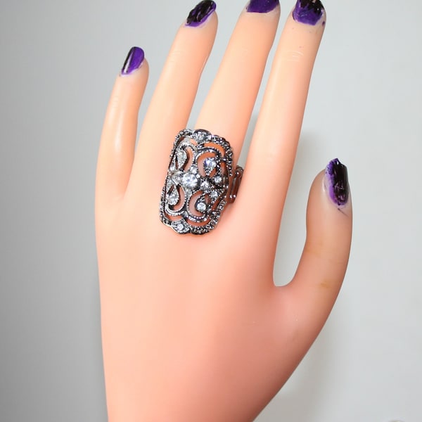 Cocktail Ring Black Silver Diamond Rhinestone