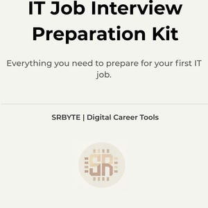 Op de afbeelding: Een crèmekleurige afbeelding met de tekst "IT Job Interview Preparation Kit". Daaronder staat "Everything you need to prepare for your first IT job". Het SRBYTE-logo staat onderaan.