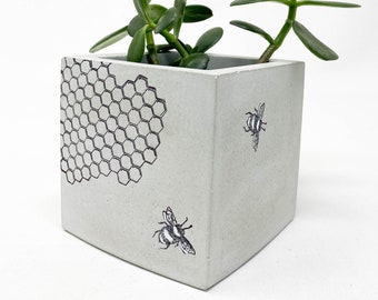 Concrete Planter, Square, Cube, Bees & Honeycomb Planter, Concrete Succulent Planter, Cement Planter, Modern Concrete Planter, Industrial