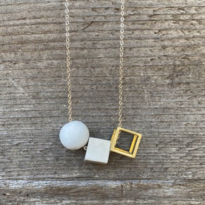 Concrete geometric cube necklace, brass, statement jewelry, modern necklace, contemporary jewelry, architectural jewelry, minimalist