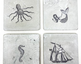 nautical decor, drink coasters, sea life coasters, ships, seahorse, octopus, mermaid, beach house, housewarming gift, concrete coasters