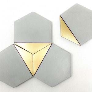 Concrete Hexagon Coaster with Gold Accent, Set of 4,  Minimalist Industrial Home Decor, Gold Painted Coasters, Cement Coasters
