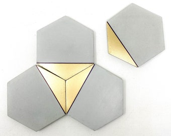 Concrete Hexagon Coaster with Gold Accent, Set of 4,  Minimalist Industrial Home Decor, Gold Painted Coasters, Cement Coasters