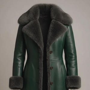 Emerald Green Leather Trench Coat | Faux Fur Collar | Winter Overcoat