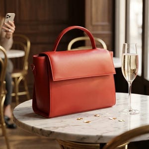 Scarlet Red Leather Satchel | Designer Top Handle Bag, Red Satin Lining