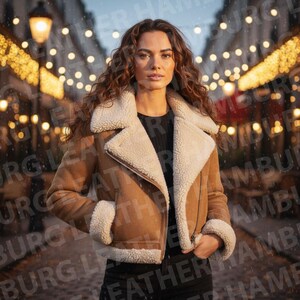 Tan Shearling Aviator Jacket | Cropped Sheepskin Bomber, Faux Fur