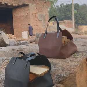 Handmade Leather Firewood Log Basket – Heavy Duty Tote