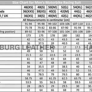May include: Size chart for a men's motorbike racing suit, with measurements in centimeters. Includes chest, waist, hip, full length, back rise, front yoke, shoulder, collar, cuff, sleeve, knee, elbow, back yoke, inseam, front rise, thigh, ankle, and crotch measurements.