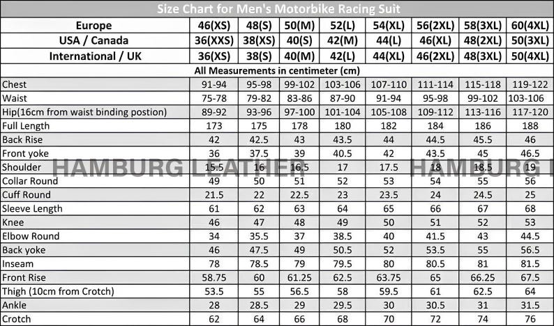 May include: Size chart for a men's motorbike racing suit, with measurements in centimeters. Includes chest, waist, hip, full length, back rise, front yoke, shoulder, collar, cuff, sleeve, knee, elbow, back yoke, inseam, front rise, thigh, ankle, and crotch measurements.