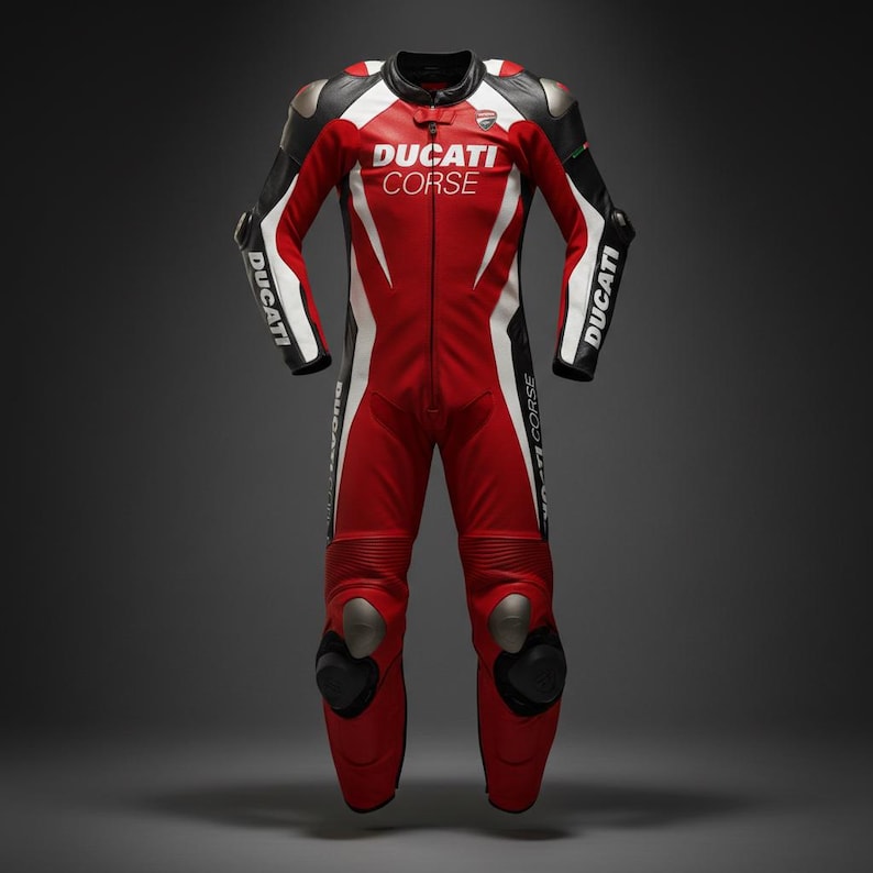 May include: A red and white Ducati Corse racing suit with black accents. The suit features the Ducati logo and text, along with protective padding on the knees and shoulders. The suit is designed for motorcycle racing.