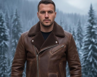 Handmade Men's Leather Biker Jacket – Fur Collar, Quilted Lining