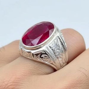 Naturlig röd rubin, sterlingsilver 925 handgjord, Yakoot-ring för män